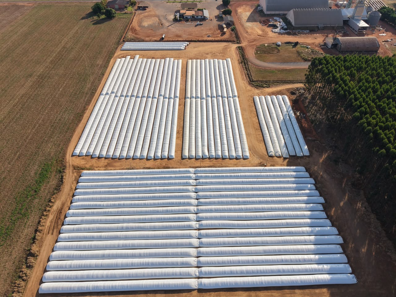 Imagem aérea real de uma operação de silos-bolsa com fileiras de bolsas brancas no campo